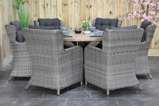 Surakarta Ronde Tafel 150 Teak Natural met 6 Delano Dining Tuinstoelen Natural Grey