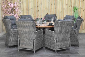 Surakarta Ronde Tafel 180 Teak Natural met 8 Barcelona Verstelbare Dining Tuinstoelen Kobo Grey SHOWROOMMODEL