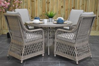 Toscane Ronde Tafel 120 keramischblad met 4 Toscane Dining Tuinstoelen Faded Sand Brown