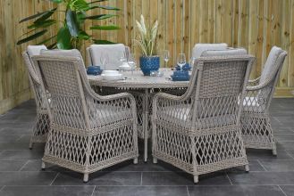 Toscane Ronde Tafel 150 keramischblad met 6 Toscane Dining Tuinstoelen Faded Sand Brown