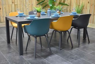 Veneto Tafel 220 Keramischblad Dark Grey met 6 Bristol Aluminium Kunststof Dining Tuinstoelen Anthracite, Yellow en Green WINTER AANBIEDING