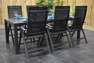 Veneto Tafel 220 met Keramischblad met 6 Verona Verstelbare Aluminium Standenstoelen Inklapbaar Dark Grey WINTER AANBIEDING