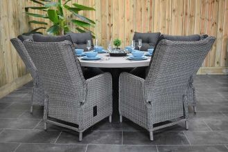 Voula Ronde Tafel 150 Polystone met 6 Marling Verstelbare Dining Tuinstoelen Natural Grey WINTER AANBIEDING