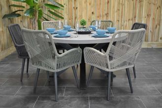 Voula Ronde Tafel 150 Polystone met 6 Villenova Rope Dining Tuinstoelen Anthracite, Faded Sand en Olive Green WINTER AANBIEDING