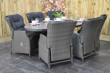 Akron Ovale Tafel 220 Keramischblad Dark Grey met 6 Darwin Verstelbare Dining Tuinstoelen Rock Grey