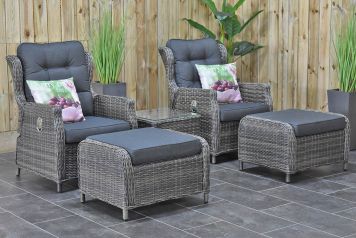 Alicante Verstelbare Loungeset 2 Lounge Tuinstoelen Laag Tafeltje met Hockers Kobo Grey
