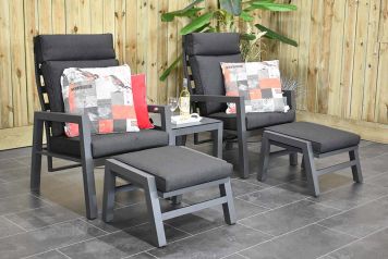 Atletico Verstelbare Aluminium Loungeset 2 Lounge Tuinstoelen Laag Tafeltje met Hockers Dark Grey