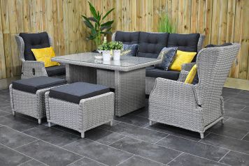 Barcelona Verstelbare Loungeset 3 Zitsbank 2 Lounge Tuinstoelen Hoge Tafel met Hockers Light Kobo Grey 
