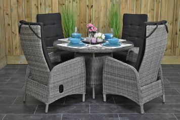 Brasil Ronde Tafel 120 met 4 Kansas Verstelbare Dining Tuinstoelen Natural Grey