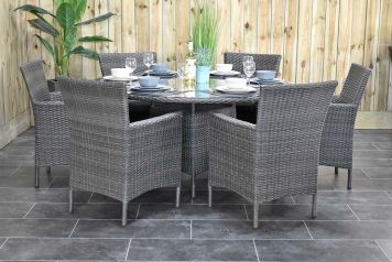 Brasil Ronde Tafel 150 met 6 Aruba Dining Tuinstoelen Dark Grey SHOWROOMMODEL