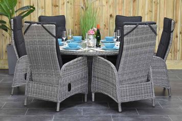 Brasil Ronde Tafel 150 met 6 Kansas Verstelbare Dining Tuinstoelen Natural Grey
