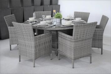 Brasil Ronde Tafel 150 met 6 Aruba Dining Tuinstoelen Natural Grey