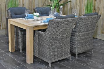 Cancun Tafel 180 Vintage Light Teak Look met 4 Darwin Dining Tuinstoelen Kobo Grey