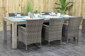 Cancun Tafel 240 Vintage Antique Grey met 6 Aruba Dining Tuinstoelen Kobo Grey
