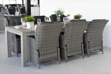 Cancun Tafel 240 Vintage Antique Grey met 6 Darwin Verstelbare Dining Tuinstoelen Kobo Grey