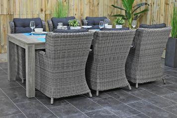 Cancun Tafel 240 Vintage Antique Grey met 6 Delano Dining Tuinstoelen Natural Grey