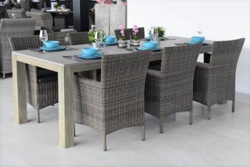 Cancun Tafel 240 Polystone Vintage Antique Grey met 6 Aruba Dining Tuinstoelen Kobo Grey