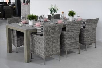 Cancun Tafel 240 Polystone Vintage Antique Grey met 6 Aruba Dining Tuinstoelen Natural Grey