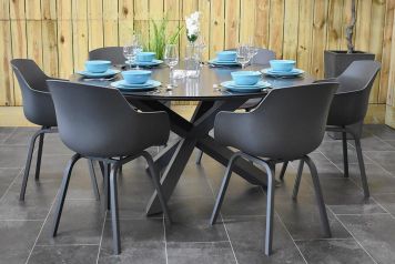 Firenze Ronde Tafel 150 Keramischblad Dark Grey met 6 Bristol Aluminium Kunststof Dining Tuinstoelen Anthracite SHOWROOMMODEL