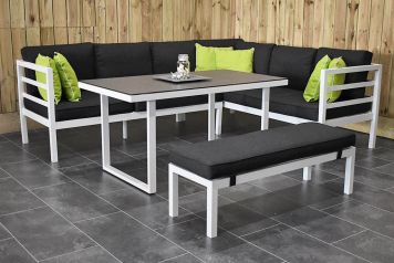 Nevada Loungeset Hoekbank met Ligbed Functie Hoge Tafel met Bankje Aluminium Spiegelbeeld White