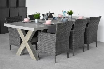 Norwich Tafel 220 Polystone Vintage Antique Grey met 6 Aruba Dining Tuinstoelen Stapelbaar Dark Grey