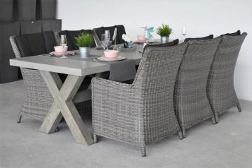Norwich Tafel 220 Polystone Vintage Antique Grey met 6 Avalon Dining Tuinstoelen Natural Grey