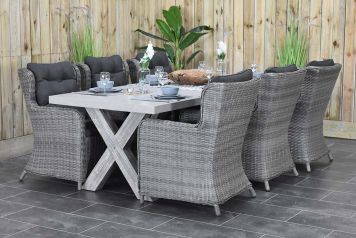 Norwich Tafel 220 Polystone Vintage Antique Grey met 6 Delano Tuinstoelen Natural Grey