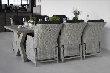 Norwich Tafel 250 Vintage Antique Grey met 6 Darwin Verstelbare Dining Tuinstoelen Light Kobo Grey