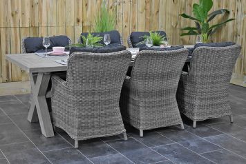Norwich Tafel 250 Vintage Antique Grey met 6 San Francisco Dining Tuinstoelen Natural Grey