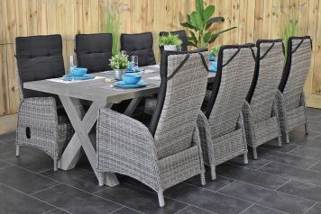 Norwich Tafel 300 Vintage Antique Grey met 8 Kansas Verstelbare Dining Tuinstoelen Natural Grey