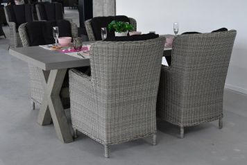 Norwich Tafel 200 Polystone Vintage Antique Grey met 4 Marina Dining Tuinstoelen Light Kobo Grey
