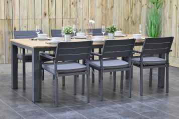 Oxford Tafel 220 Teak Dark Grey met 6 Bolton Dining Tuinstoelen Dark Grey