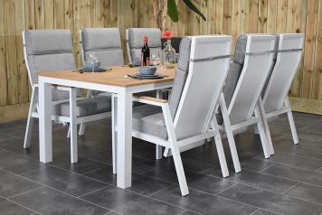 Oxford Tafel 220 Teak met 6 Oxford Verstelbare Dining Tuinstoelen Teak Arm White