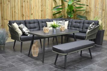 Positano Rope Loungeset Hoekbank Hoge Tafel Spraystone met Bankje Spiegelbeeld Olive Green