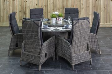 Rio Ronde Tafel 150 met 6 Kansas Verstelbare Dining Tuinstoelen Kobo Grey