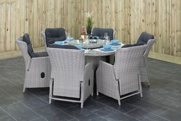 Rio Ronde Tafel 150 met 6 Darwin Verstelbare Dining Tuinstoelen Light Kobo Grey
