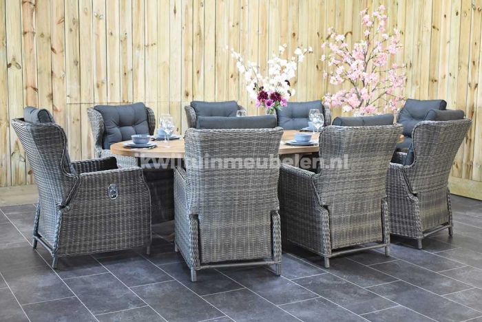 stil Netto wijk Balok Ovale Tafel 280 Teak Natural met 8 Barcelona Dining Verstelbare  Tuinstoelen Kobo Grey