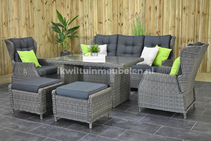 Klacht Handig Chinese kool Barcelona Verstelbare Loungeset 3 Zitsbank 2 Lounge Tuinstoelen Hoge Tafel  met Hockers Kobo Grey SHOWROOMMODEL