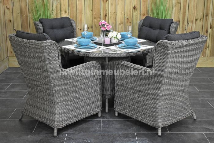 Componeren verkoper expositie Brasil Ronde Tafel 120 met 4 Delano Dining Tuinstoelen Natural Grey  SHOWROOMMODEL