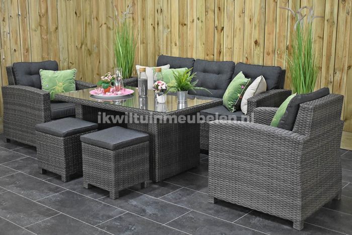 Minnesota Loungeset 3 Lounge Tuinstoelen Hoge Tafel met Krukjes Dark Grey SHOWROOMMODEL