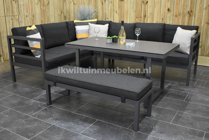 Komkommer wandelen los van Nevada Loungeset Hoekbank met Ligbed Functie Hoge Tafel met Bankje  Aluminium Dark Grey