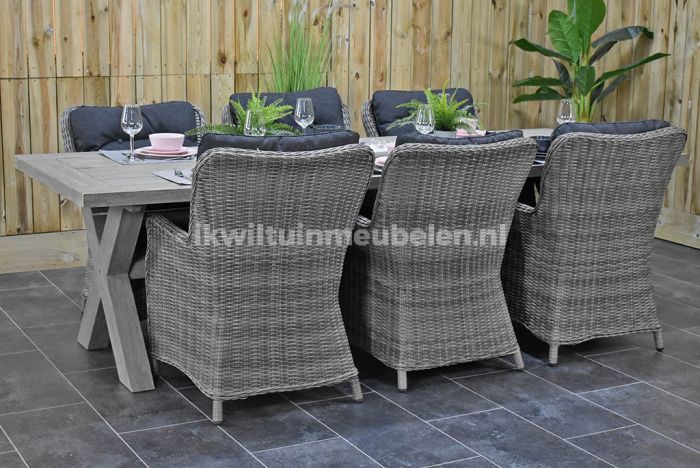 PapoeaNieuwGuinea Zenuw Quagga Norwich Tafel 250 Vintage Antique Grey met 6 San Francisco Dining  Tuinstoelen Natural Grey