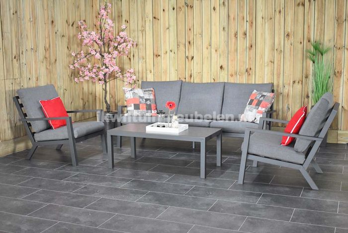 Franje Werkwijze dump Pollencia Aluminium Loungeset 3 Zitsbank 2 Lounge Tuinstoelen Lage Tafel  Dark Grey SHOWROOMMODEL