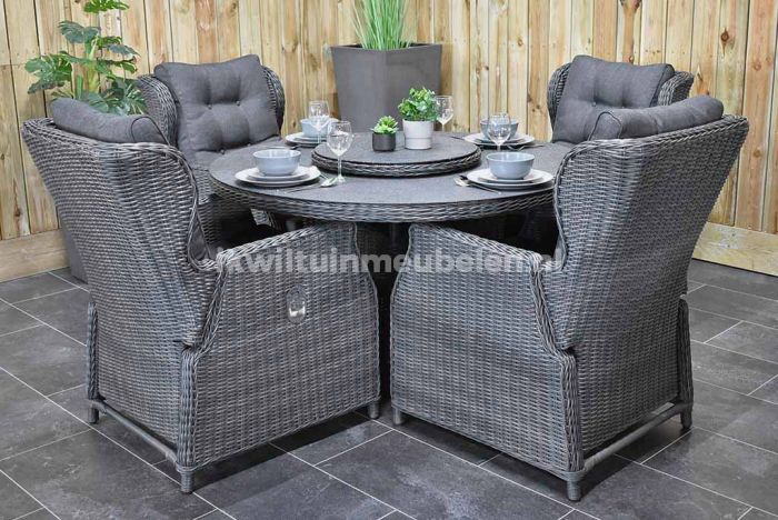 ~ kant streepje katoen Rio Ronde Tafel 130 Spraystone met 4 Barcelona Verstelbare Dining  Tuinstoelen Rock Grey