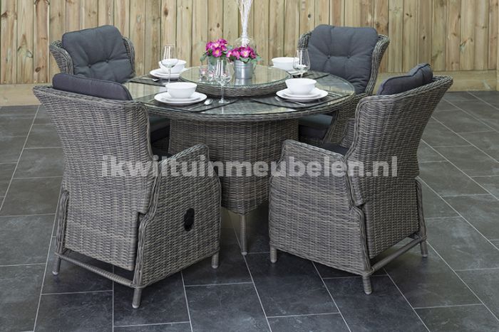 Rodeo ethisch interieur Rio Ronde Tafel 130 met 4 Darwin Verstelbare Dining Tuinstoelen Kobo Grey