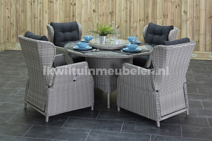 Rio Ronde Tafel 130 met 4 Barcelona Verstelbare Tuinstoelen Light Kobo Grey