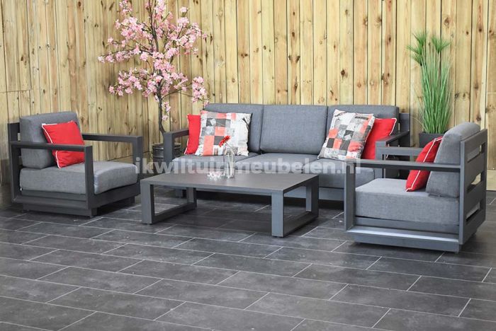 Geef rechten De onze Verbeteren Riverside Aluminium Loungeset 3 Zitsbank 2 Lounge Tuinstoelen Lage Tafel  Dark Grey